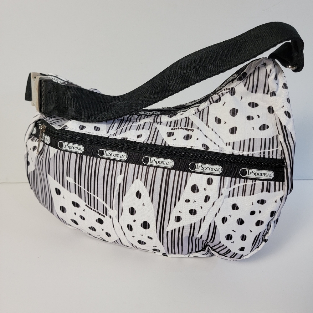 LeSportsac Black White Butterfly Hobo Shoulder Bag Crescent